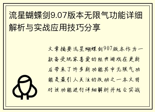 流星蝴蝶剑9.07版本无限气功能详细解析与实战应用技巧分享