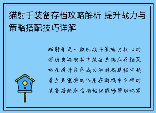猫射手装备存档攻略解析 提升战力与策略搭配技巧详解